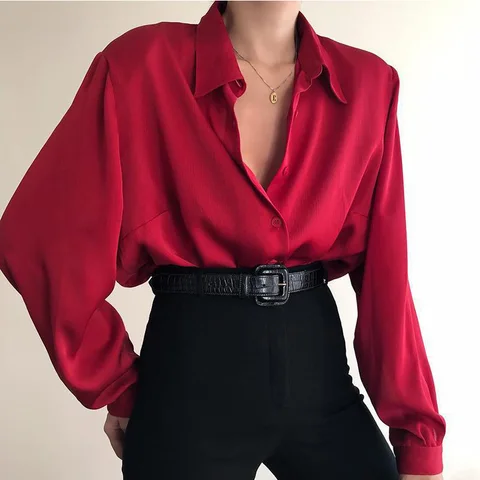 Блузка женская на пуговицах, свободная повседневная офисная рубашка с длинным рукавом, цвет красный/бордовый/черный