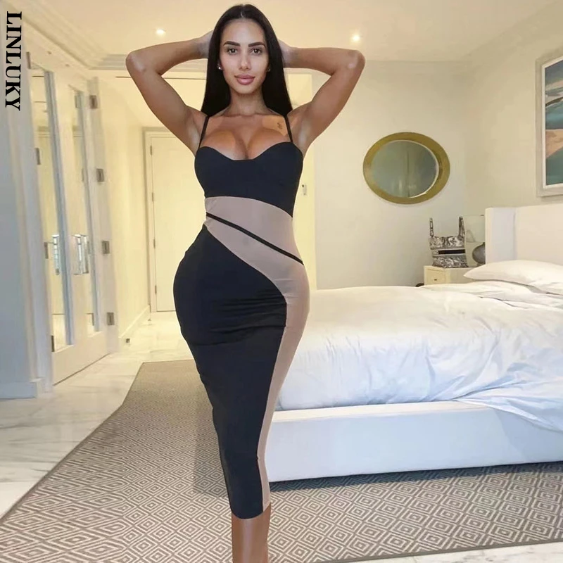 

2022 Summer New Dress Women Fashion Suspenders Sexy Low-cut Perspective Mesh Stitching Slim Club Party Festival Dresses