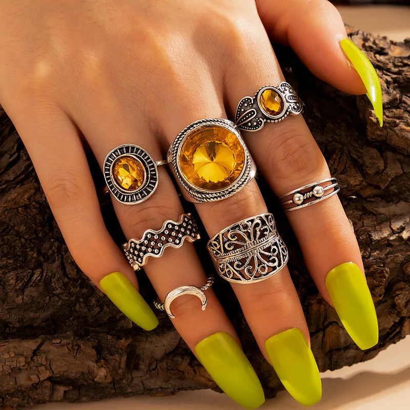 

New 2022 Retro Ethnic Style Ring Orange Topaz Moon 7 Piece Set Ring