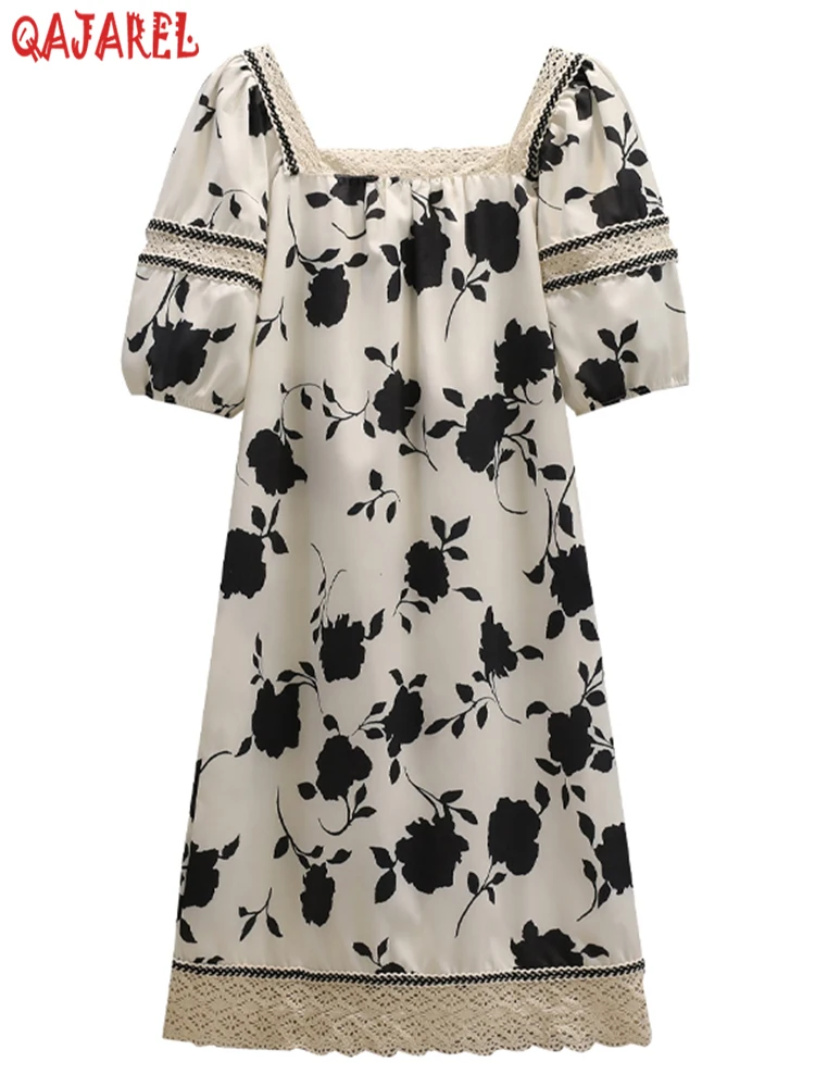 

Женское шифоновое платье-миди с квадратным вырезом, кружевное Элегантное повседневное платье составного кроя с цветочным принтом, лето 2023