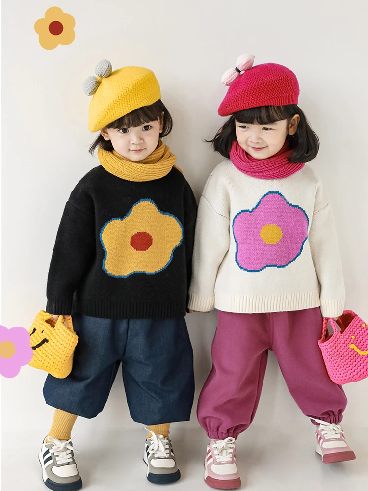 

Детский зимний утепленный вязаный Топ, жаккардовый Свободный пуловер контрастных цветов с мультипликационным рисунком для малышей, свитер