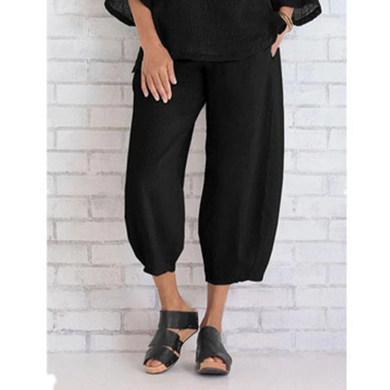 Women Cotton Linen Pants Loose Comfort Elastic Waist Harem Pants Vintage Solid Casual Pockets Wide Leg Trousers Cropped Pants