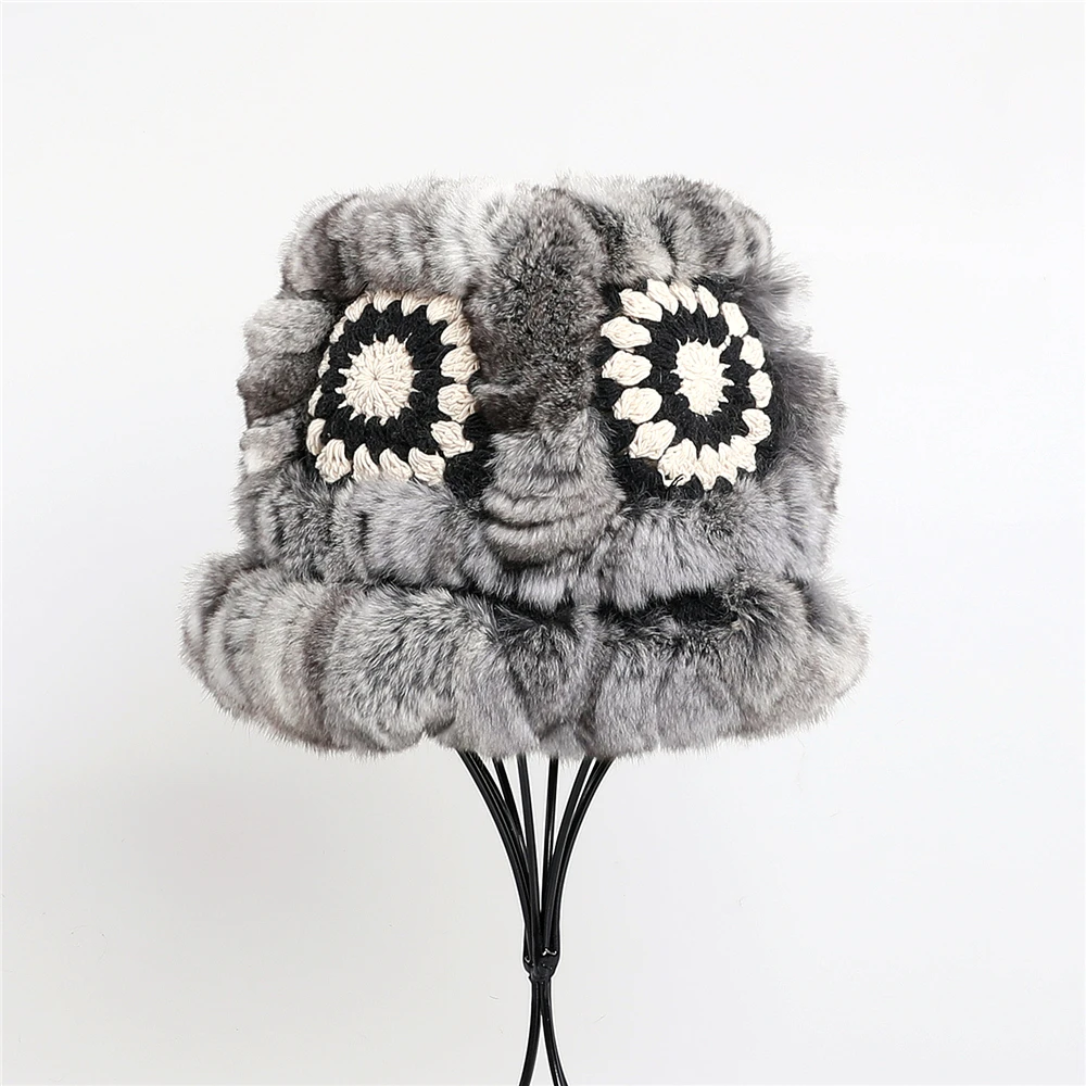 

Роскошная женская зимняя вязаная шапка из натурального меха шиншиллы, Панамы, шапки с Львом, пушистые теплые шапочки, женский модный аксессуар