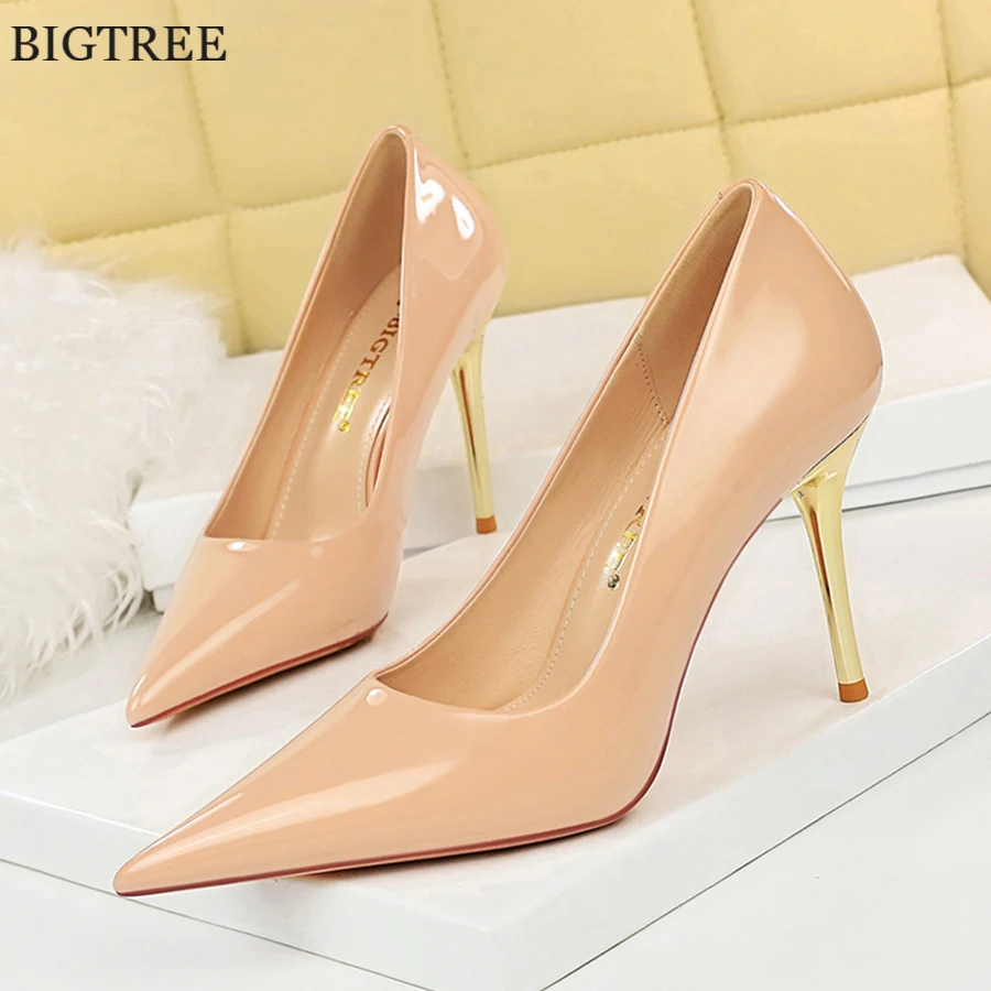

7.5/10cm Metal Heel Women Pumps 2023 Spring Glossy Patent Leather Shallow Office Shoes Sexy Party Pointed Toe Ladies High Heels