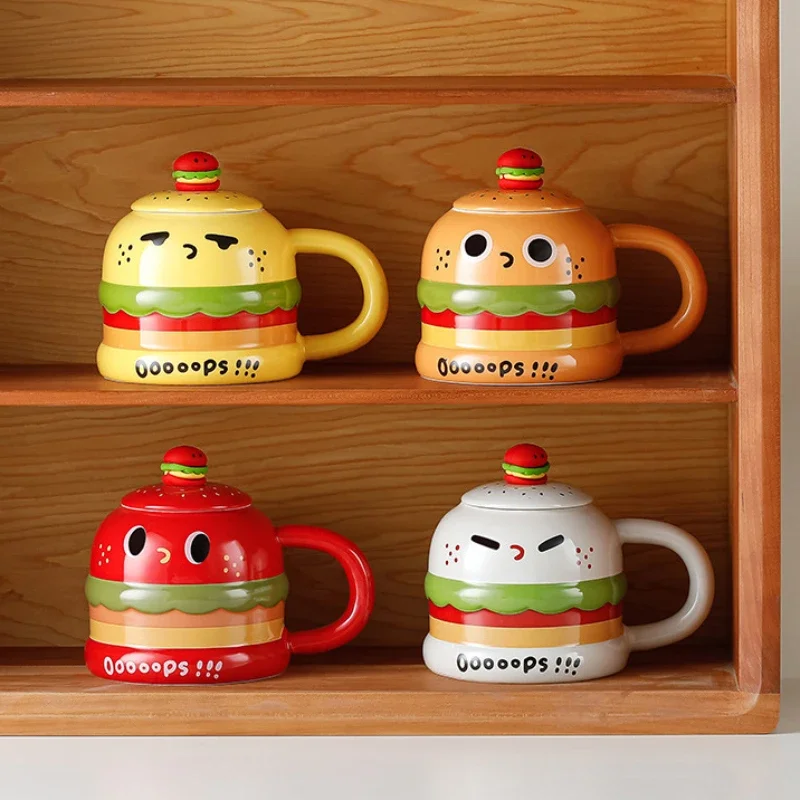 

Korean Cute Burger Ceramic Mug Funny Underglaze Color Creative Three-dimensional with Lid Scoop Water Cup Expression Cup Gift