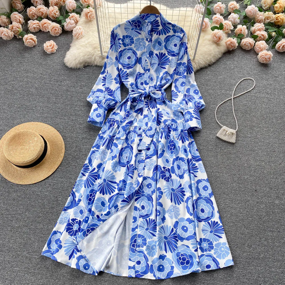 

Aibeautyer New Spring Autumn Casual Floral Print Slim Lady Button Full Dress A Line Single Breasted Chiffon Women Dresses