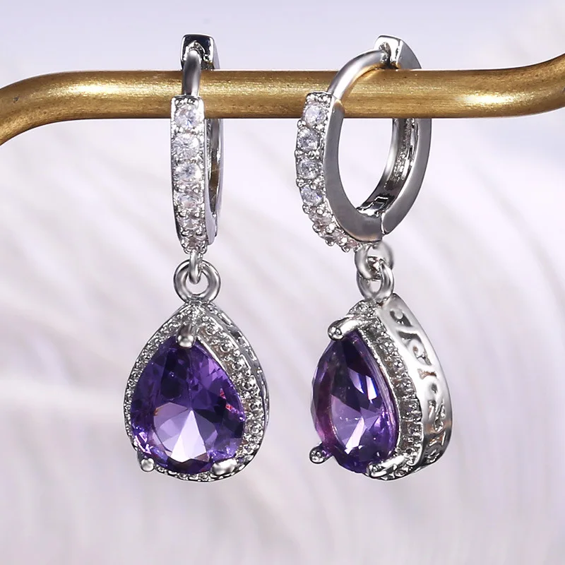 

Retro Jewelry Shining Dangle Silver Plated Cubic Zirconia Huggie Purple Glass Diamond Drop Hoop Earrings for Women Gift