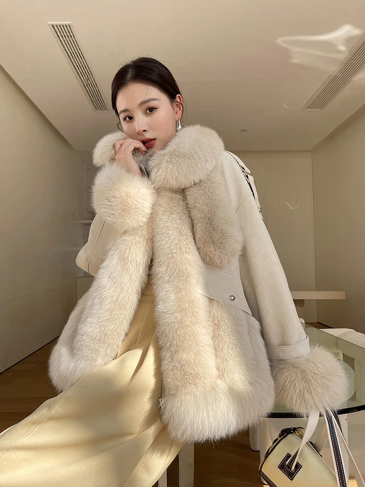 New Women Real Fur Coat Autumn Winter Casual Thick Warm Double-faced Fox Fur Patchwork Sheepskin Fur Jacket Loose Outerwear enlarge