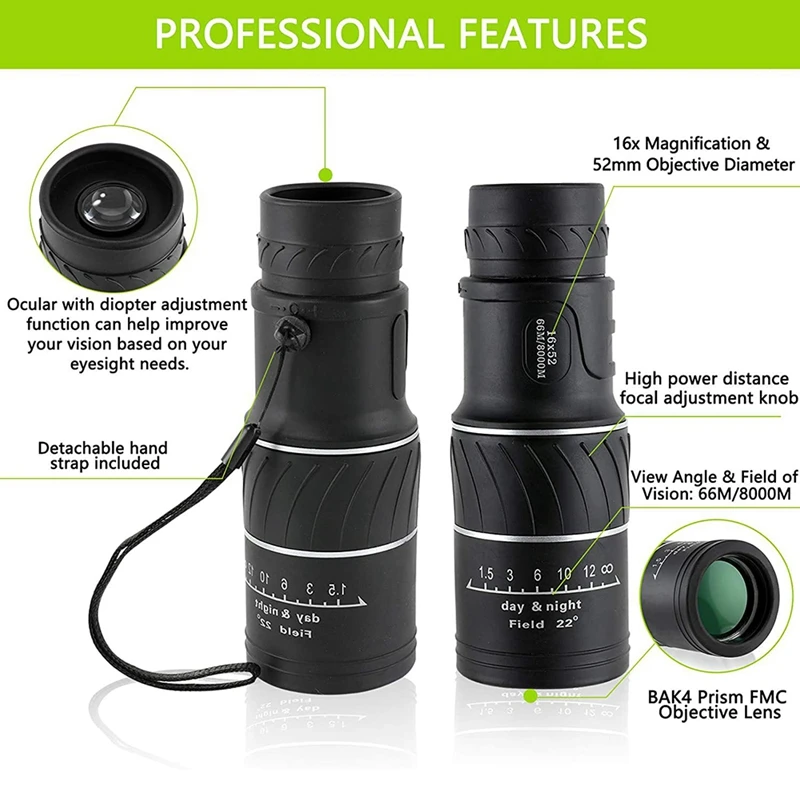 Monocular Telescope 16X52 Night Vision Optical Spyglass Monocle for Outdoor Camping Bird Watching Hunting |