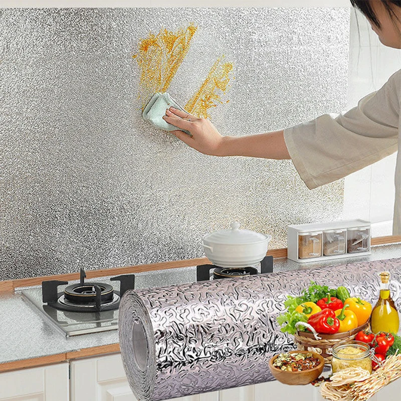 

40cmx100cm Kitchen Oil-proof Self Adhesive Stickers Stove Anti-fouling High-temperature Aluminum Foil Wallpaper Cabinet Film