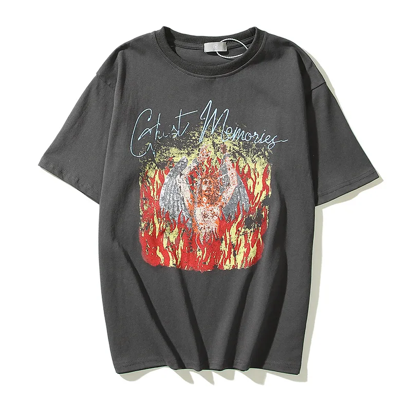 

Kanye West Vinatage граффити огненный принт хип-хоп футболки мужские парные повседневные летние футболки в стиле High Street ретро топы Футболка уличная одежда