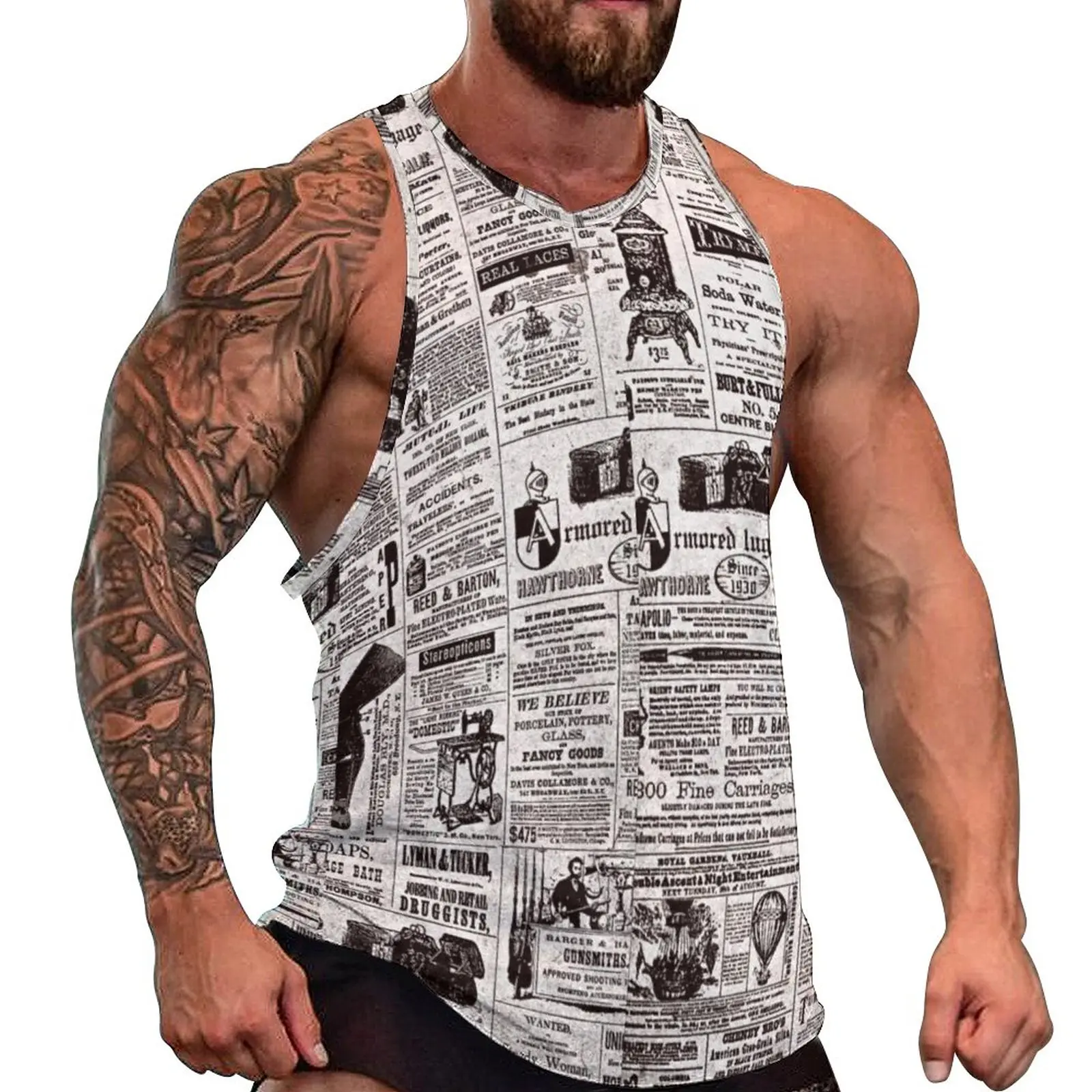 

Texture Newspaper Tank Top Vintage Print Fashion Tops Beach Bodybuilding Male Graphic Sleeveless Vests Plus Size 4XL 5XL