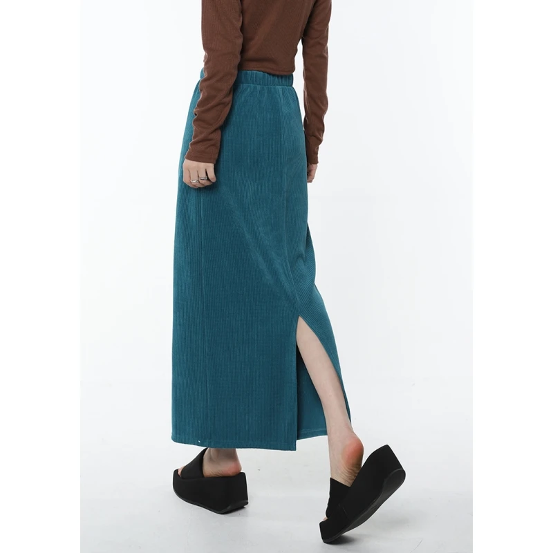 

Women Blue Half Body Skirt Split Fork Corduroy High Waist Casual Fashion Mid Length Bottoms Baggy Vintage Female Long Skirt