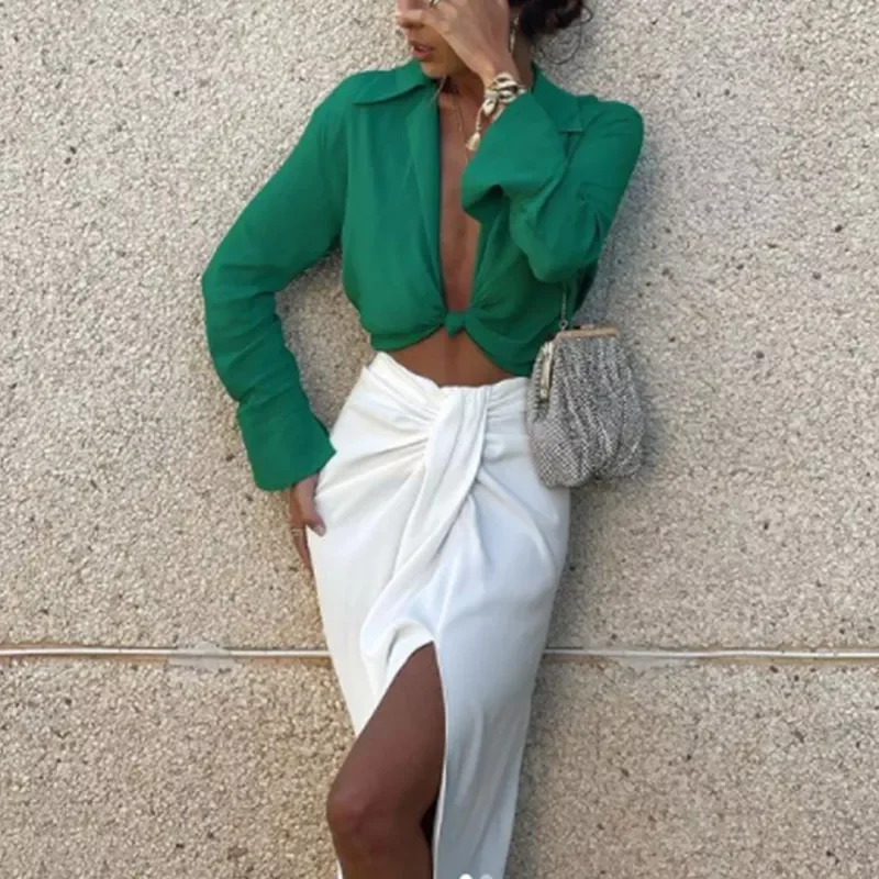 

2021 Summer Women Green Cropped Knotted Blouse Female Sexy Deep V Neck Ruched Long Sleeve Casual Tops