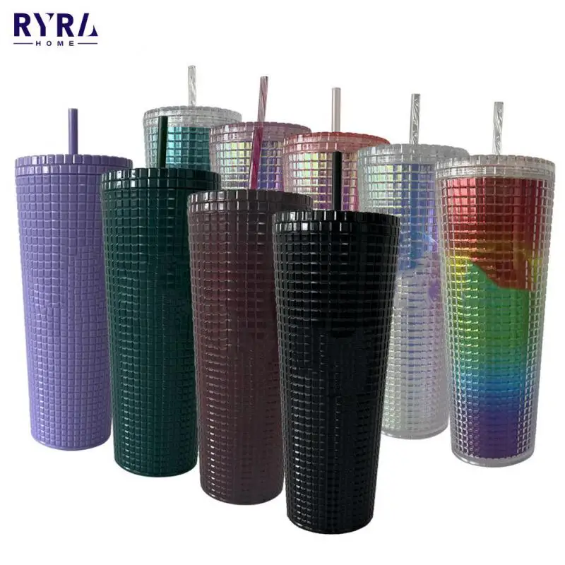 

New Corn Grid Goddess Cup With LOGO 710ml Summer Cold Water Cup Tumbler With Straw Double Layer Plastic Coffee Mug