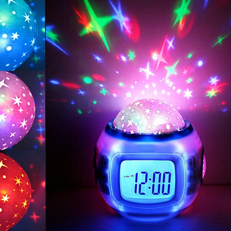 Купи Dreamy Music Starry Sky Projector Alarm Clock Projection Night Light Children Baby Room Music Desk Clock Calendar Children Gifts за 184 рублей в магазине AliExpress