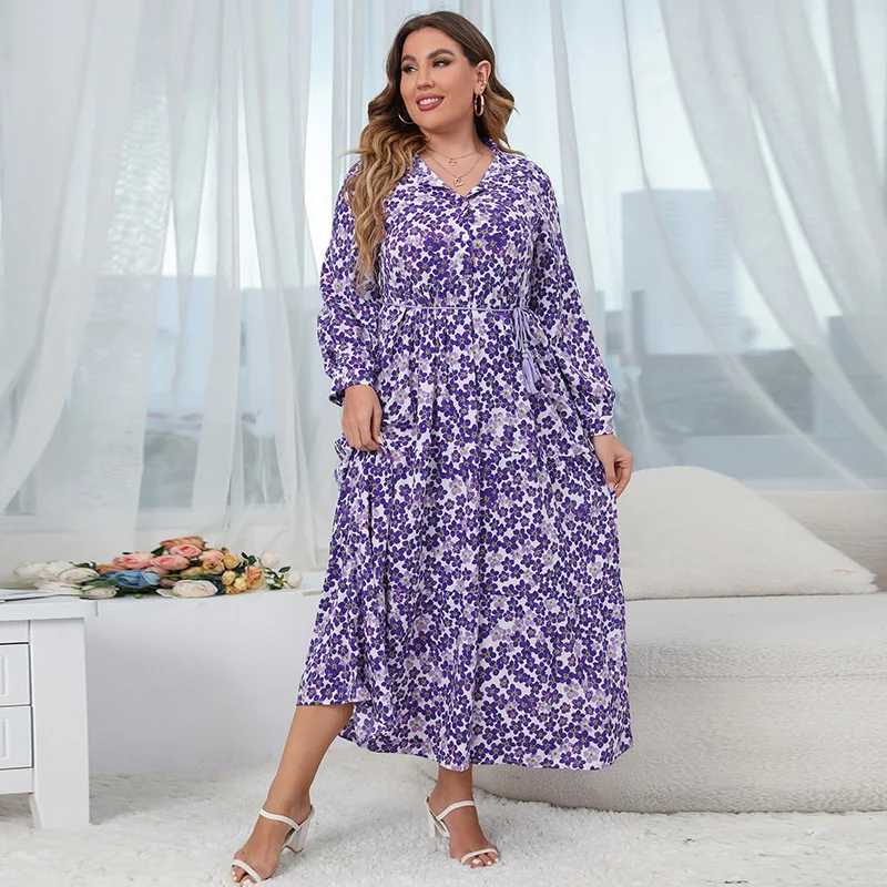 2022 Plus Size Floral French Flower V-Neck Large Size Dress V-Neck Long Dress For Beach Holiday Travel Style Long Women's Dress