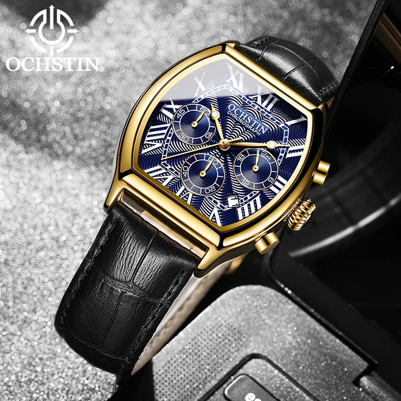 Фото Мужские кварцевые часы OCHSTIN Commander Series с прямоугольным корпусом, многофункциональные, с ремешком из натуральной кожи, для повседневной носки и активного отдыха №5