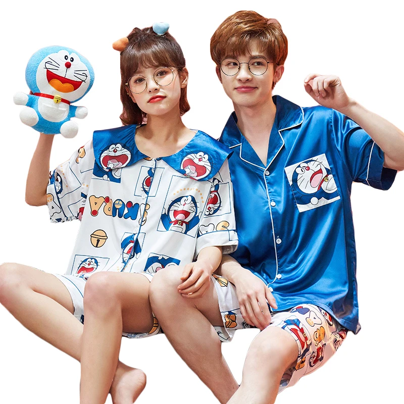 2PCS Summer Sweethearts Pajama Sets Women Men kawaii Doraemon Sleepwear Silk Cloth Short Sleeves Pyjama Pour Femme Pijama Casual