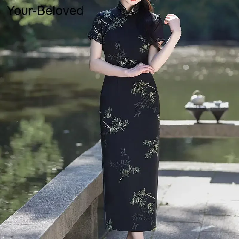Женское вечернее банкетное платье Ципао больших размеров черное Cheongsam