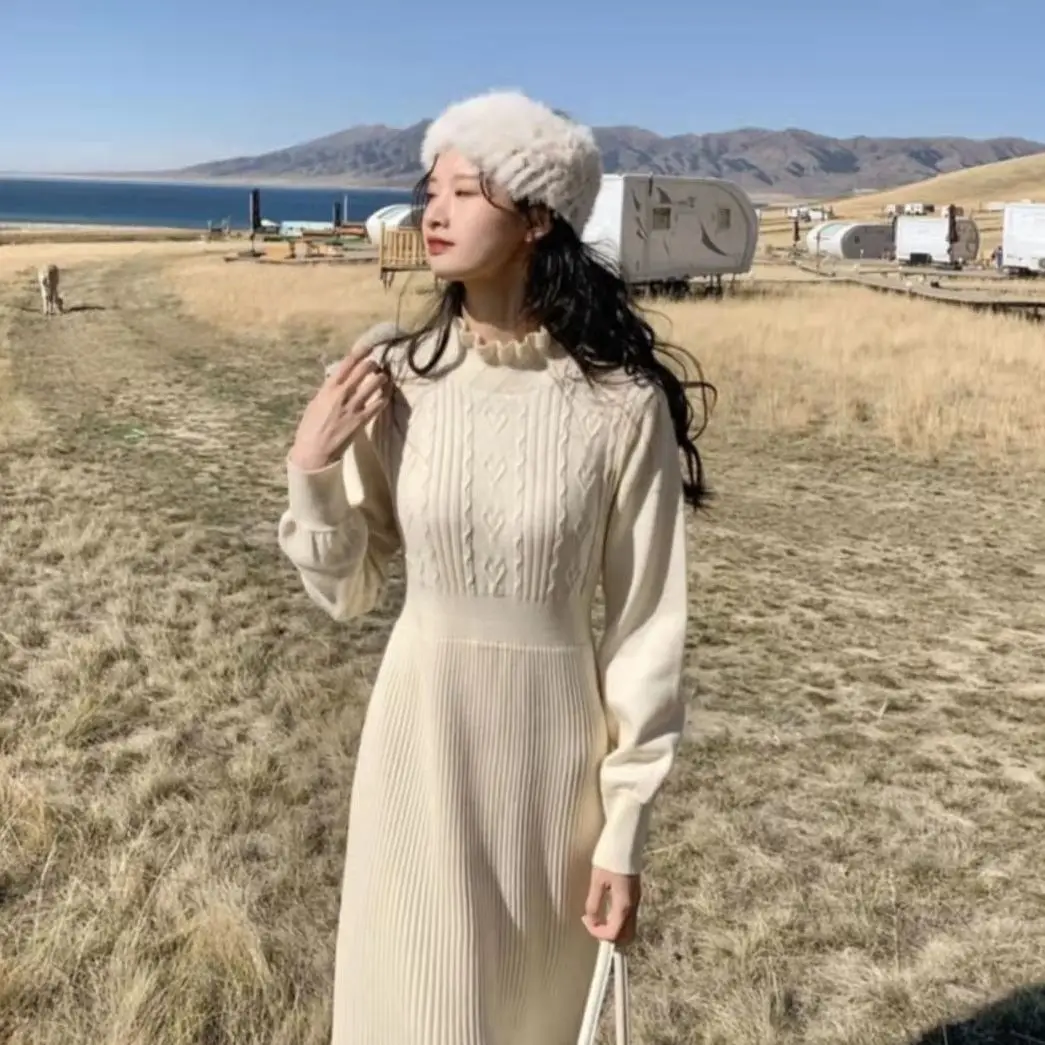 

Knitted Dress for Woman Winter 2023 Warm Loose Long Sweater Dresses Korean Autumn Elegant Knit Pullover Dress Clothing R18