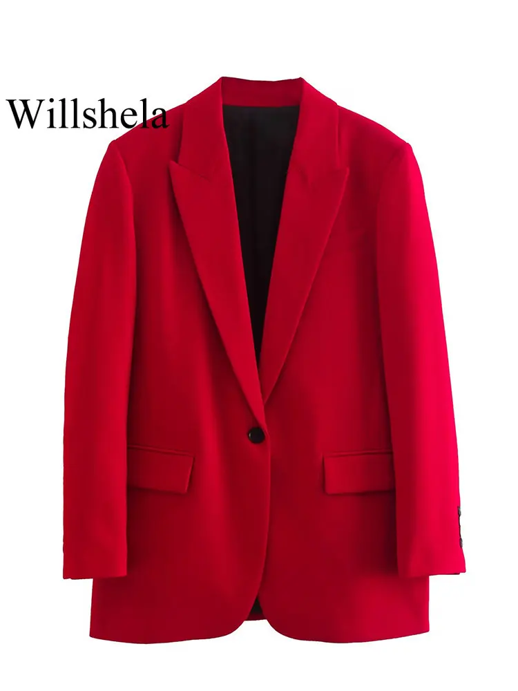 

Willshela Women Fashion With Pockets Solid Single Button Blazer Vintage Long Sleeve Notched Neck Female Chic Lady Coat