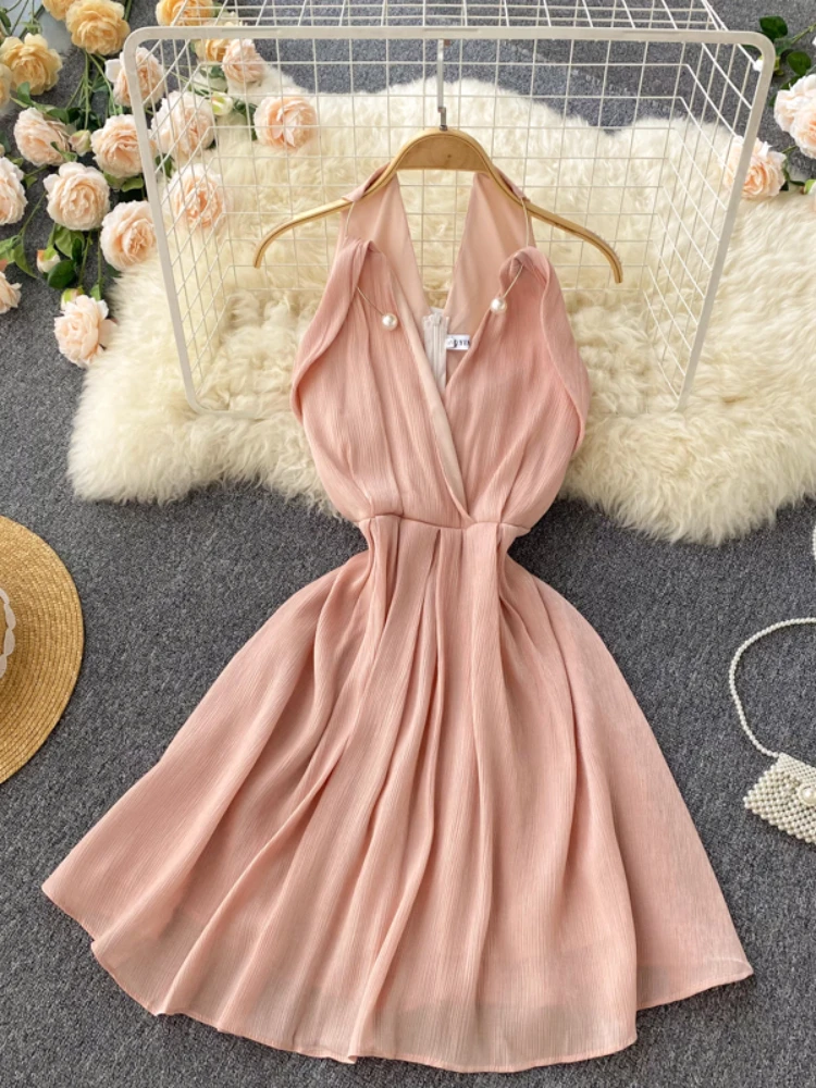 

FMFSSOM Women Ruffled Strapless Mini Dress Summer Sexy Solid Sheath Short Dresses Female Club Beading Pink Party Evening Clothes