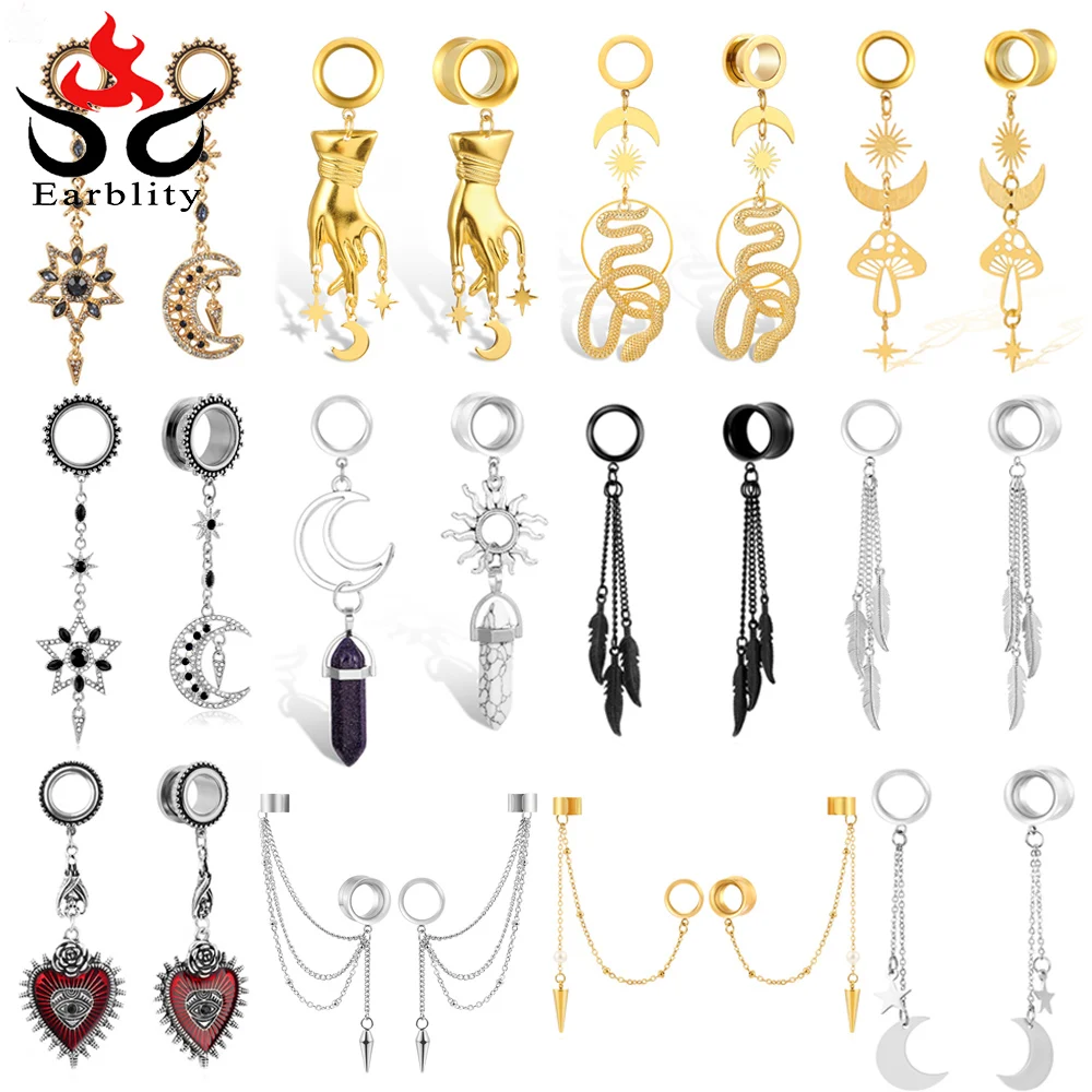 Серьги-туннели для ушей из нержавеющей стали, ювелирные изделия для растяжки ушей с Луной, звездой, перьями, заглушками, вешалки для ушей, 2 шт.