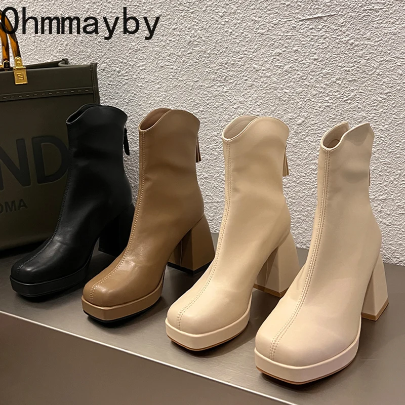 

Platform Ankle Boots For Women Fashion Back Zippers High Heel Short Boots Autumn Winter Ladies Elegant Mordern Booties