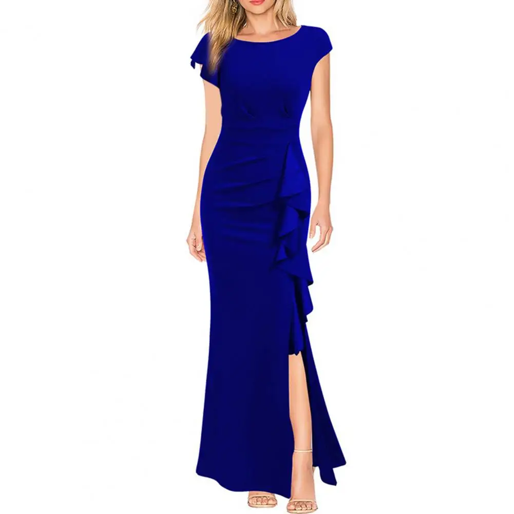 

Women Gown Dress High Waist Side Ruffle Slim Dress Short Sleeve Summer Evening Party