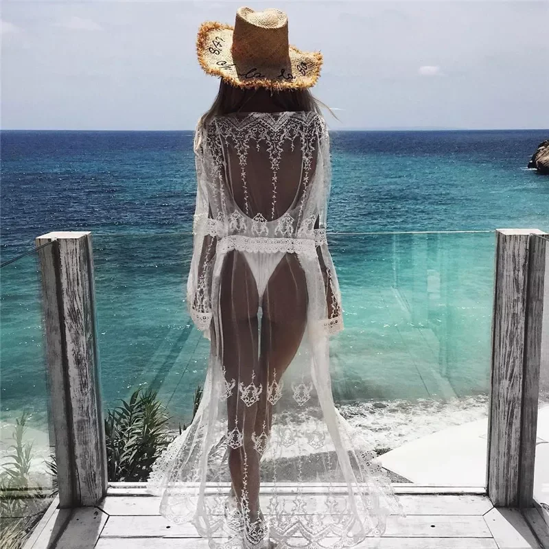 

2021 Summer Bikini Cover Ups Sunscreen Wear Lace Hollow Bathing Suit Covers Up Women Beach Dress Sexy Swimwear Long Cover Blouse