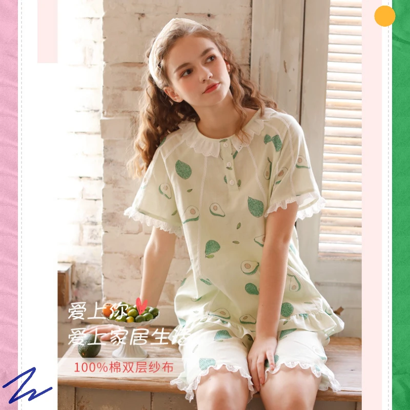 Women's Pajamas Summer Thin Fresh and Cute Short-sleeved Shorts Cotton Sleepwear Literary Style Loungewear Round Neck Home Suit