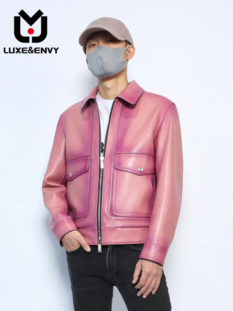 

LUXE&ENVY Cherry Pink Real Leather Male Gradient Sheepskin Jacket Hipster Top Coat Spring Autumn 2023 New