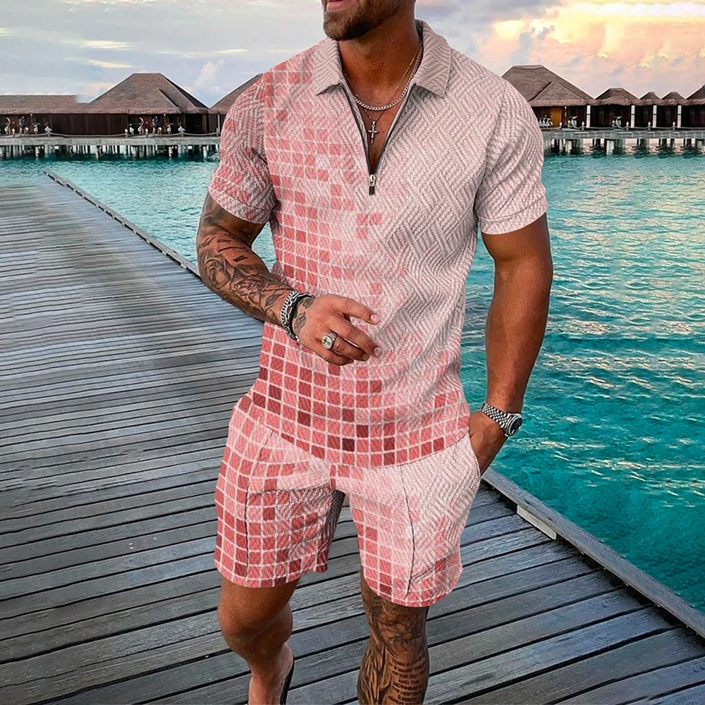 Summer Short sleeved Polo Shirt Beach Shorts 2 Piece Sets Tracksuit Men's Oversized 3D Printed Casual Sports Suit