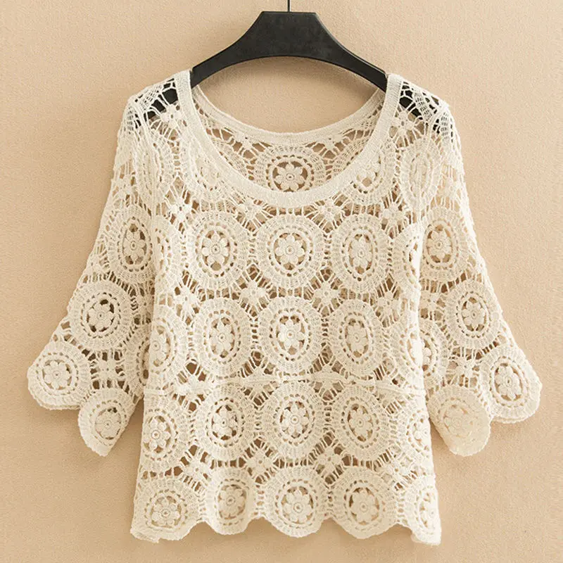

Hollow Outer Knit Sweater Women New Pullover Summer Dress Round Neck Casual Solid Loose Tops Short Outer handmade pullover Women
