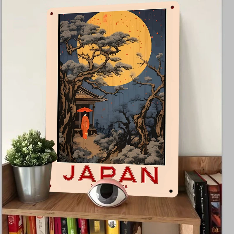 Фото Японский винтажный стиль Ukiyo e, металлическая настенная живопись, лунный сад с красным зонтиком, гейша, декоративная живопись для гостиной №2