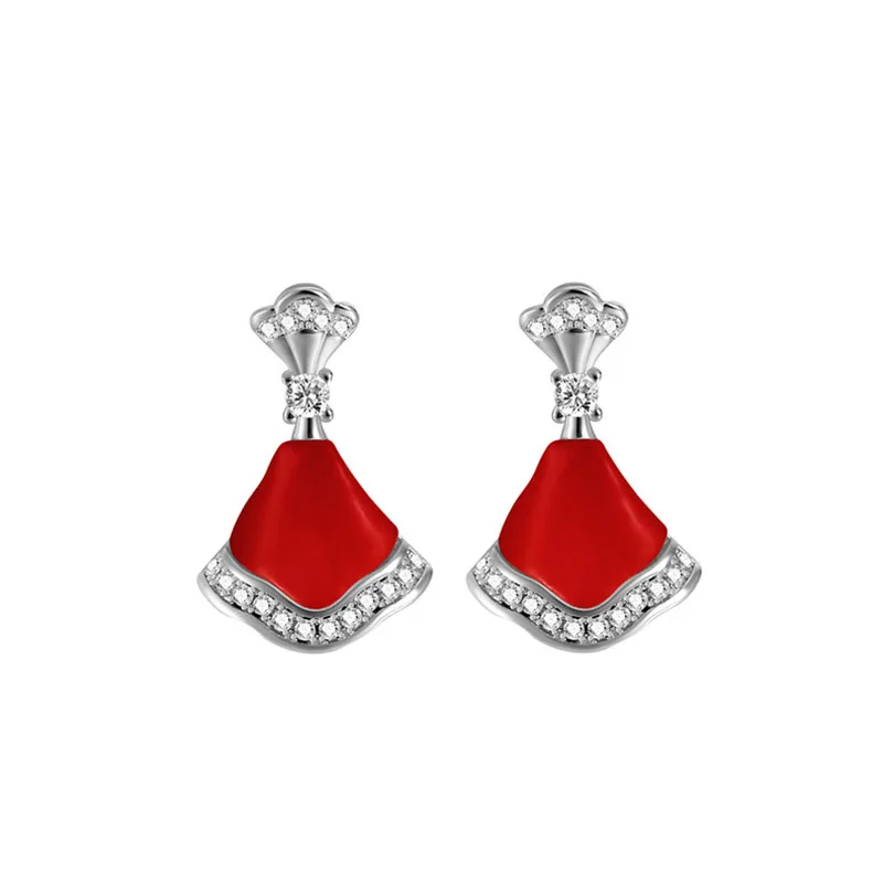 

High Quality Niche Brand Fashion Charm Skirt Earrings Red White Opal CZ Stones 925 Silver Studs For Women Exquisite Jewelry