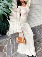 ladies summer knitted hollow out long dress women casual solid color see through long sleeve round collar beach cover ups