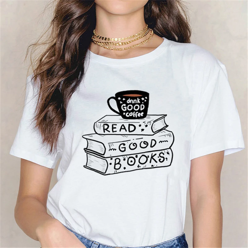 

Women Short Sleeve Coffee Vintage Books Cute Clothes Print Tops Fashion Lady Tees Female O-neck Summer Tshirt Graphic T-Shirt