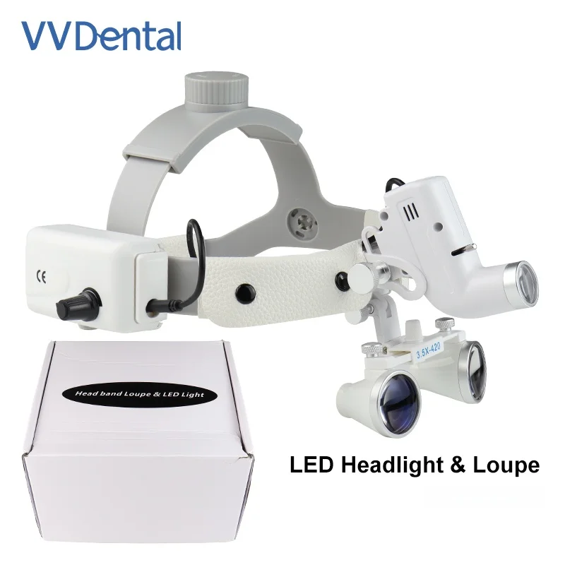 Фото Стоматологический LED-фонарь VVDental с бинокулярными лупами 2.5X/3.5X, регулируемой яркостью, точечный, 5 Вт, налобный хирургический фонарь для стоматологии №1