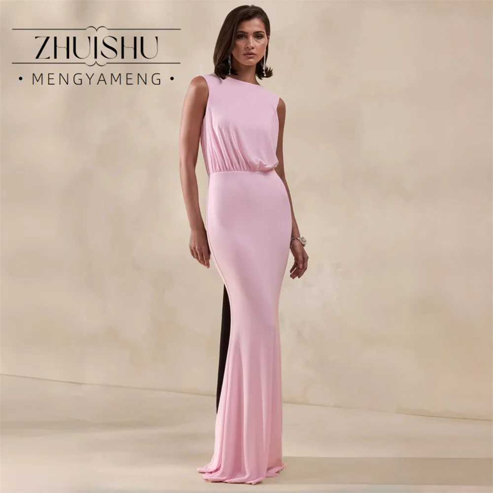 Фото Вечернее платье ZHUISHU Classic Pink Mermaid Bow для женщин, 2026, без рукавов, с кружевными складками, круглым вырезом, для вечеринок, на заказ №1