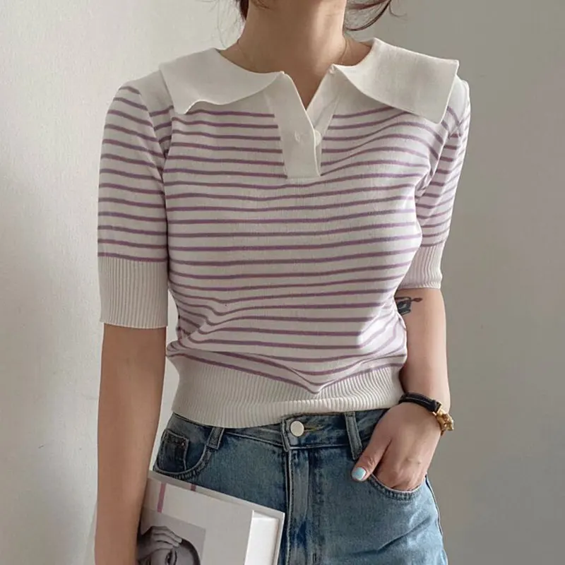 

Korean Chic Summer Vintage Turn-Down Collar Women Pullovers Japanese Sweet Striped Short Sleeve Sweaters OL Slim Knit Tops