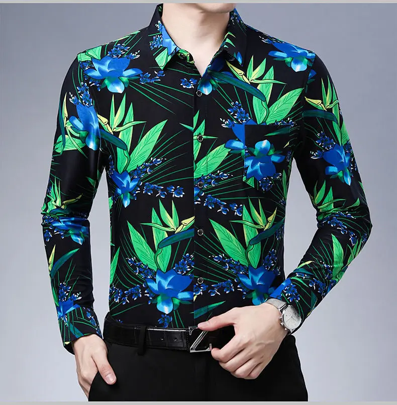 Spring and Autumn New Ice Silk Men's Long-Sleeved Silky Shirt Printed Long-Sleeved Printed Shirt Men's Shirt Button up Shirt