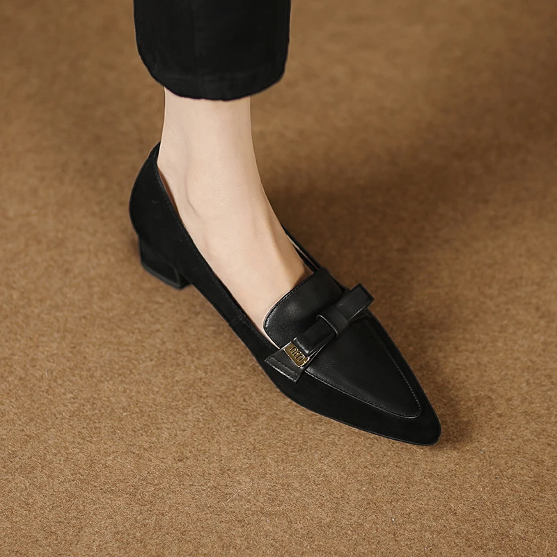 Pointed spring and autumn women's shoes stitching sheepskin bow square heel thick heel high heel zipper women's shoes