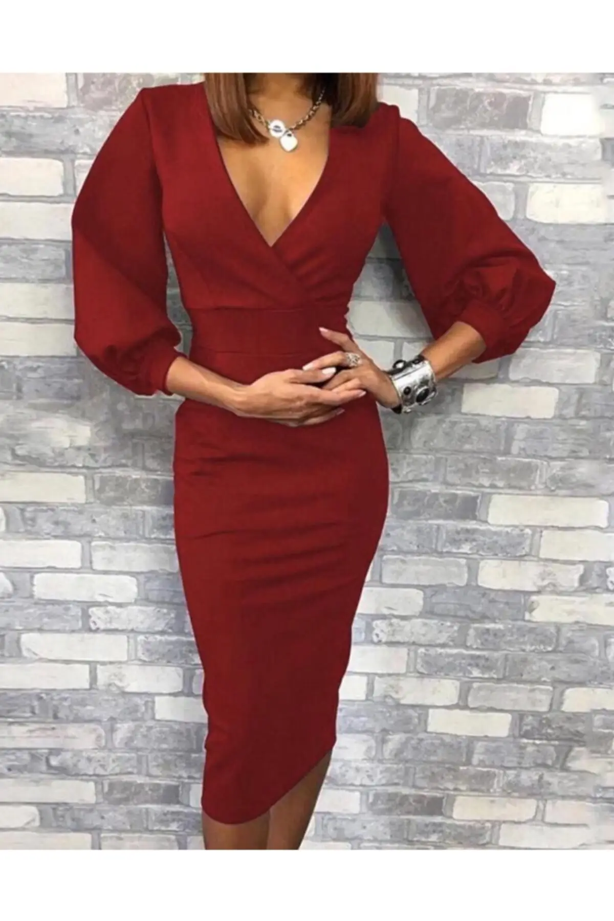 

Flexible Crepe Fabric Double-Breasted Neck Long Sleeve Burgundy Dress Bodycon Knitting Trend Solid Color Midi Non-Pocket Clothing