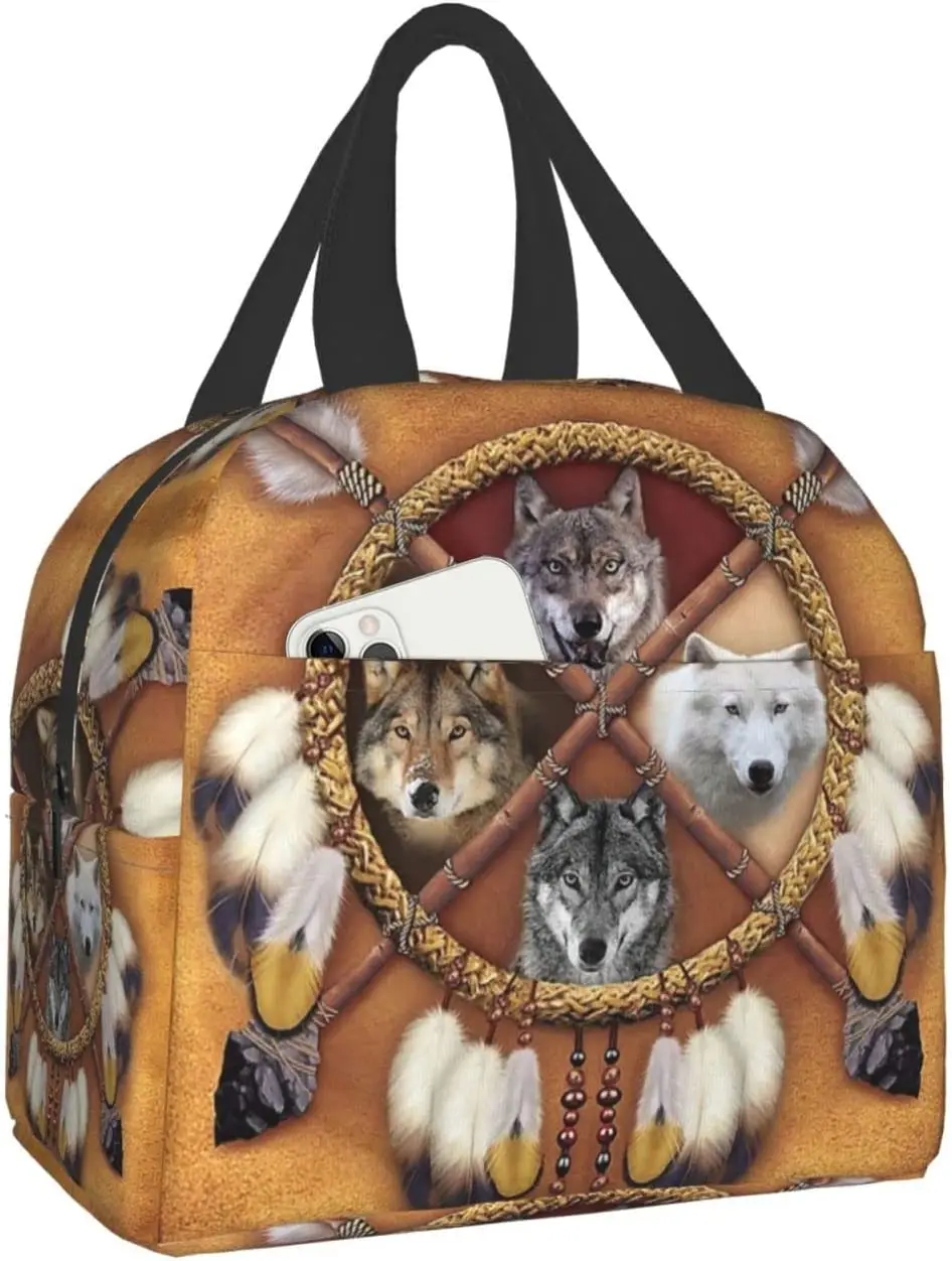 

Wolves Dreamcatcher Feather Lunch Bags For Women Portable Cooler Tote Bag Large Reusable Insulated Lunch Box Travel Picnic Work