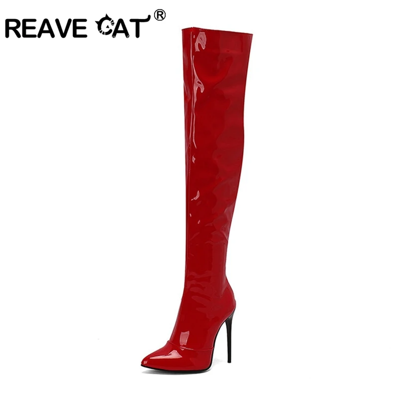 Фото REAVE CAT Сексуальные ботфорты на шпильке с каблуком 12 см, кожаные, для вечеринок, большие размеры 45, 46, 47, 48, US15, US16, US17, черные, желтые, фиолетовые. №1