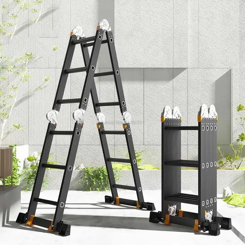 Multi-purpose Folding Ladder Aluminum Alloy Telescopic Ladder Engineerin Herringbone Ladder Thicken 4mm Straight Ladder 3.7m