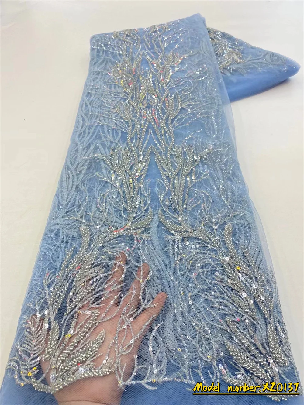 

Sky Blue African Sequins Fabric French Tulle Mesh Lace Fabric For Bridal Material 2022 High Quality Nigerian Lace Fabric XZ0138