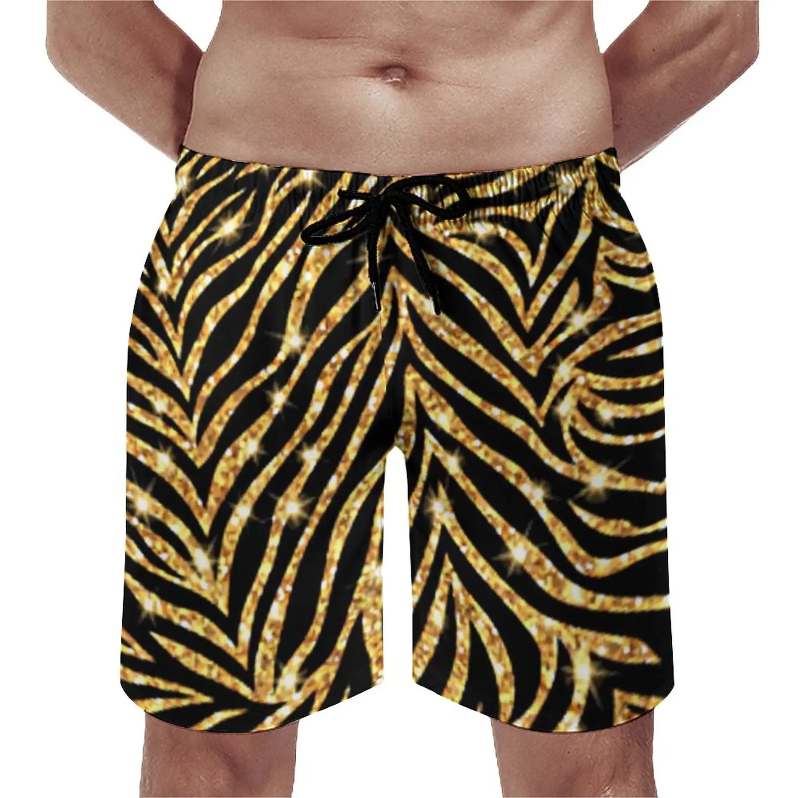 

Summer Board Shorts Black And Gold Zebra Sportswear Shiny Wild Animals Print Design Beach Short Pants Quick Drying Beach Trunks